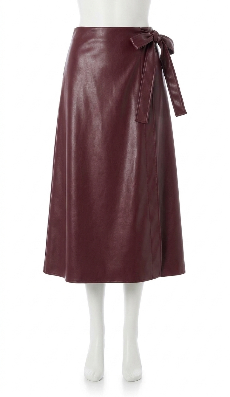 NEW MILLY women vegan leather bow midi skirt in deep burgundy